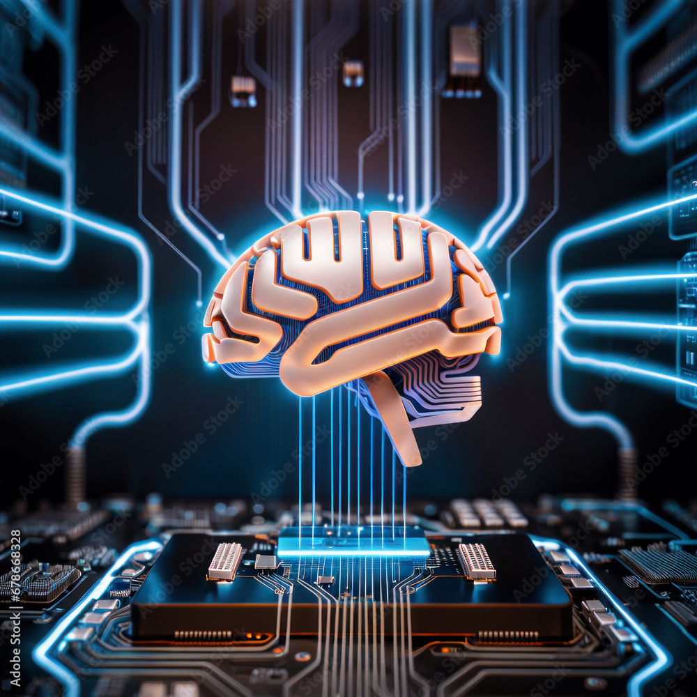 電子回路に組み込まれた脳型人工知能のイメージ Image of brain-type artificial intelligence embedded in an electronic circuit - obrazy, fototapety, plakaty 