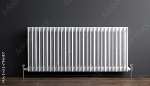 White radiator battery on grey background in apartment