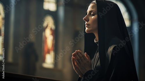 Close-up photo of a young Caucasian nun praying in catholic church. photo