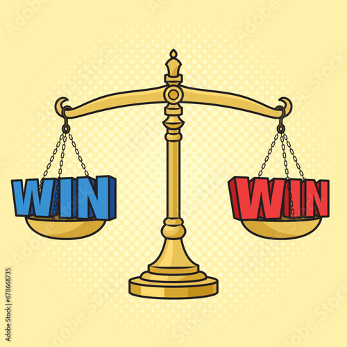  win-win on the scales metaphor piece pinup pop art retro hand drawn vector illustration. Comic book style imitation.