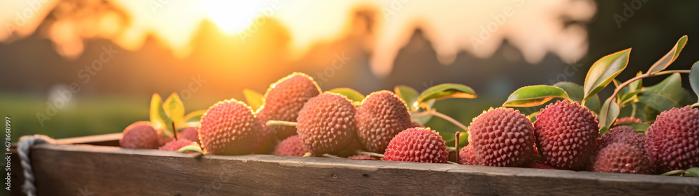 Lychees harvested in a wooden box with orchard and sunshine in the background. Natural organic fruit abundance. Agriculture, healthy and natural food concept. Horizontal composition, banner. - obrazy, fototapety, plakaty 