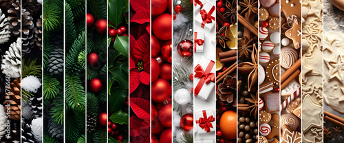 Abstract background with seasonal and winter stripes with plant, leaf, ball, cone, spice, sweets and gifts texture in green, red, white, brown and beige colors. Horizontal composition. photo