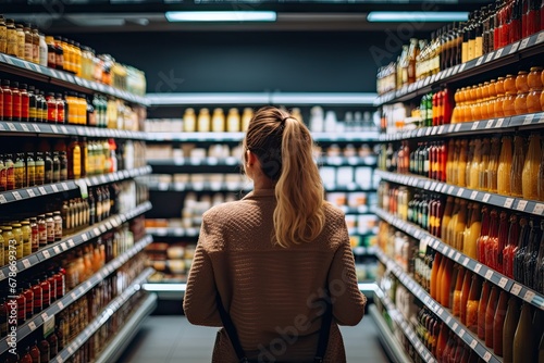 woman comparing products in a grocery store, considering nutrition, prices, and ingredients, demonstrating informed consumer behavior photo