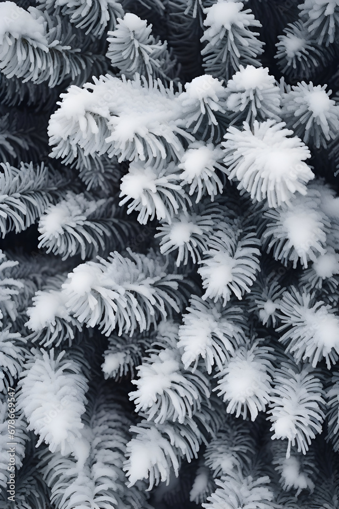 Fir branches covered with frost abstract background. Vertical composition.