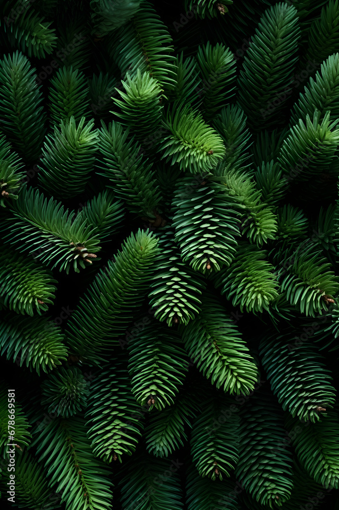 Fir branches green needle abstract background Christmas texture. Vertical composition.