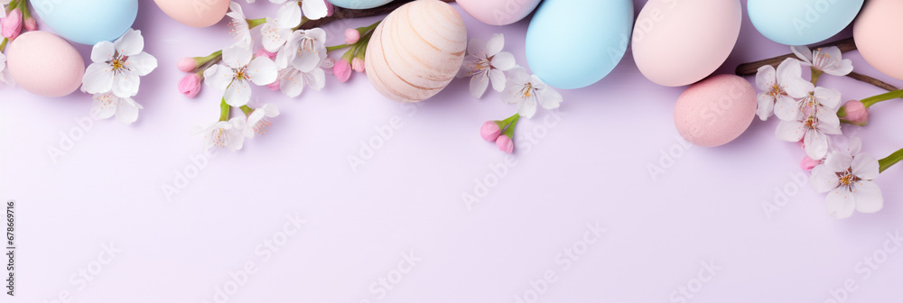 Happy Easter Decor Concept Banner. Top View Flat-lay. Easter Eggs with Spring Cherry Blossom Flower on Pastel Blue and Pink Background with Empty Copy Space