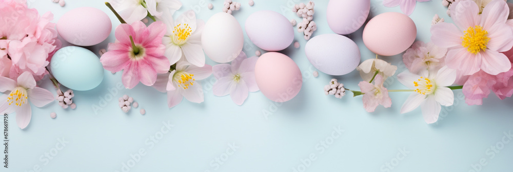 Happy Easter Decor Concept Banner. Top View Flat-lay. Easter Eggs with Spring Cherry Blossom Flower on Pastel Blue and Pink Background with Empty Copy Space