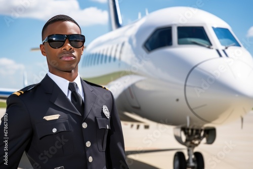 African American female pilot in uniform in sunglasses worth crossing arms on chest. Confident African American female pilot stands in dark sunglasses in airport preparing for important flight