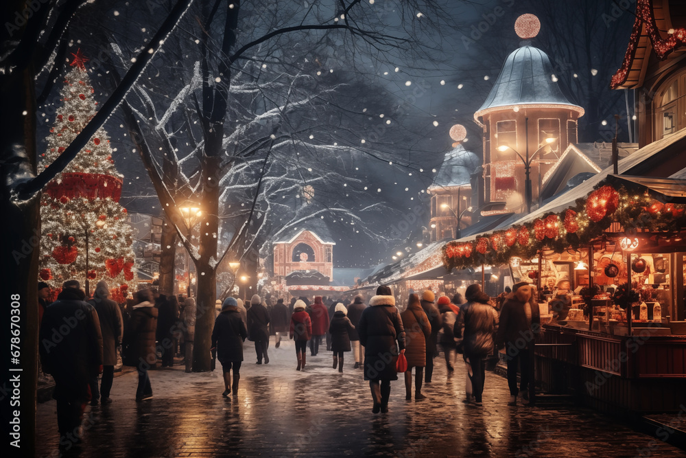 Picture of snowy winter and cwowed people of Christmas holiday at night in town