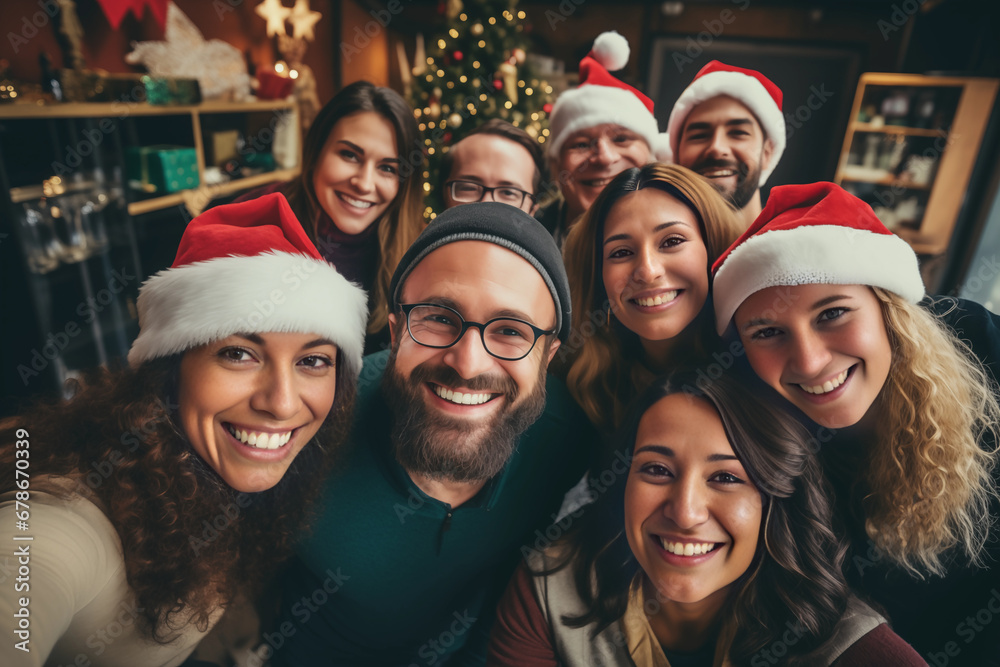 Group of happy friends in Santa hat Christmas at party. Celebration and holidays concept Group of happy friends in Santa hat Christmas at party. Celebration and holidays concept