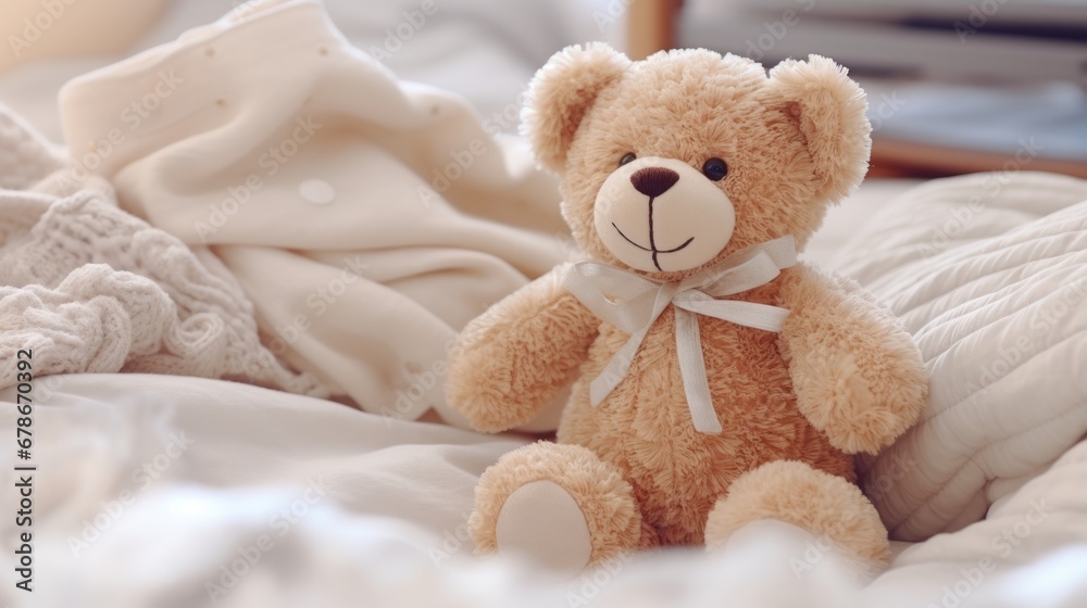 A Cozy Companion: Brown Teddy Bear Sitting on Top of a Bed