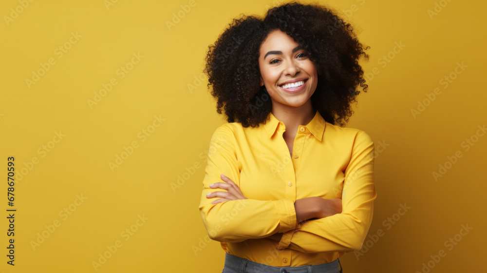 Radiant professional woman in yellow shirt, arms crossed, smiling confidently against a yellow backdrop - obrazy, fototapety, plakaty 