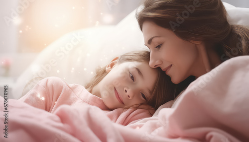 Mother and daughter in bed with pink scarf world cancer day concept photo