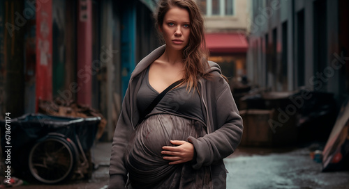 A pregnant woman against the background of a disadvantaged area. Poverty. A pregnant girl with disheveled hair against the backdrop of a dirty street, early autumn. Life's difficulties