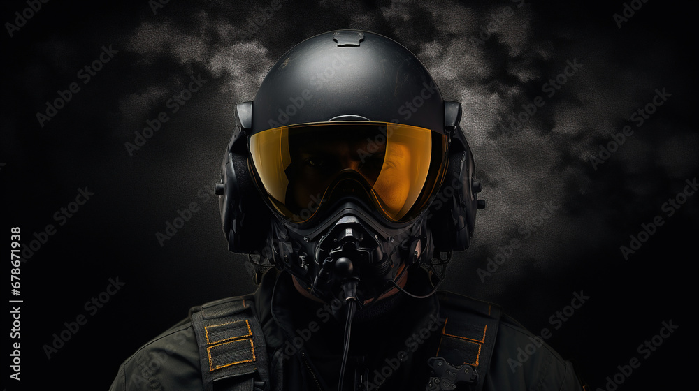 Portrait of fighter pilot wearing helmet on dark background with copy space