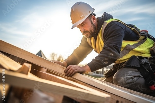 Middle-aged Caucasian man in hardhat is working on the construction of a wooden frame house. Male roofer is in the process of strengthening the wooden structures of the roof of a house. photo