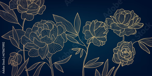 Vector art deco flower pattern background, gold line art, nature floral illustration. Hand drawn wavy plants for packaging, cover, banner, creative post and wall arts. Japanese style.