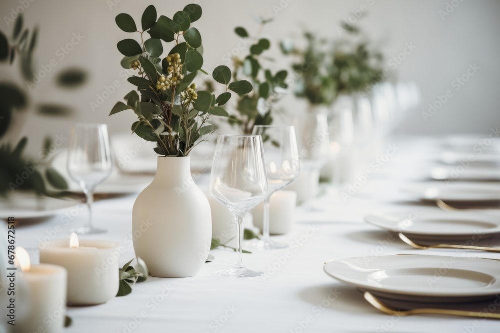 Minimalist white and green tablescape with eucalyptus in vase and candles