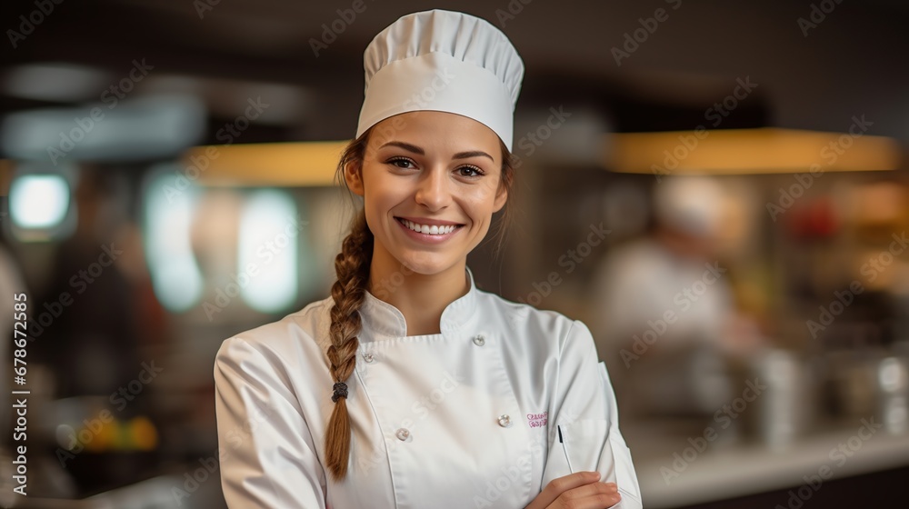 Portrait of beautiful female chef in uniform looking at camera