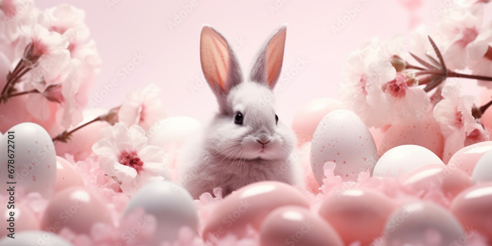 Easter banner with painted eggs and spring cherry blossom flower and cute little baby bunny rabbit on pastel background. Soft whimsical light with copy space.. Easter banner with painted eggs and spring cherry blossom flower and cute little baby bunny rabbit on pastel background. Soft whimsical light with copy space..