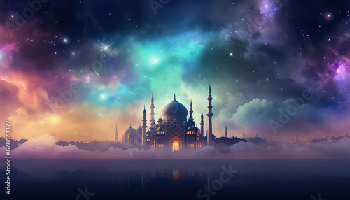 Fotografia Beautiful mosque with colored smoke and clouds in the sky, ramadan concept