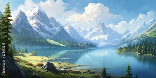 Enchanted Valley Majestic Peaks Embracing Lush Serenity, Generative AI