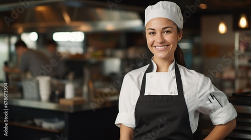 Portrait of beautiful female chef in uniform looking at camera