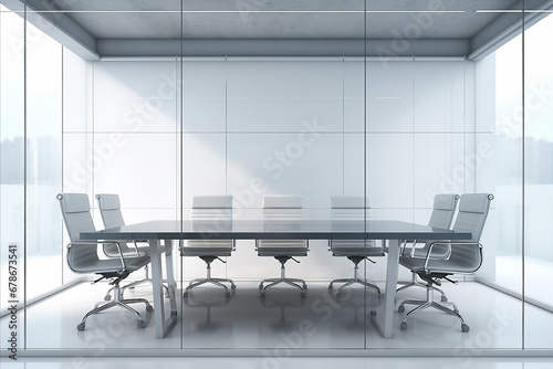 Empty modern conference room and meeting room with office table and chairs in background of glass room. Business concept of projects and meetings.