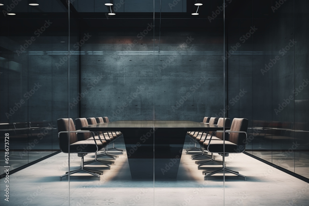 Empty modern conference room and meeting room with office table and chairs in background of glass room. Business concept of projects and meetings. - obrazy, fototapety, plakaty 