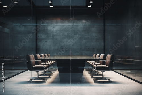 Empty modern conference room and meeting room with office table and chairs in background of glass room. Business concept of projects and meetings. photo