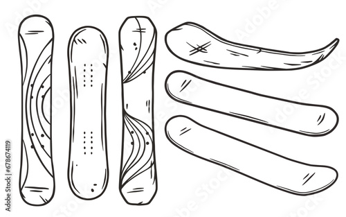 Set of snowboards. Snowboarding board. Elements for ski resort picture, mountain activities. Vector elements for exhilarating winter sport, season activity, dynamic winter action and outdoor fun.