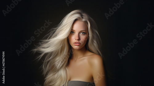 Ethereal woman with flowing blonde hair and piercing blue eyes on a dark backdrop