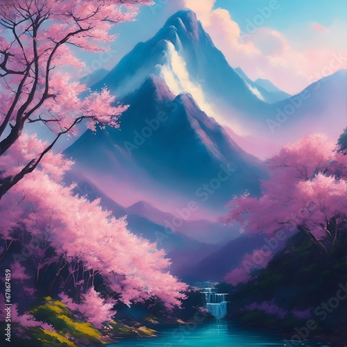 Beautiful blooming sakura. Highland landscape. AI generated illustration © vector_master