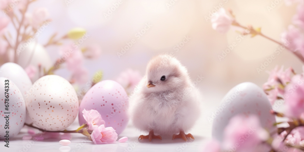 Easter banner with painted eggs and spring cherry blossom flower and cute little baby chicken on pastel background. Soft whimsical light with copy space.. Easter banner with painted eggs and spring cherry blossom flower and cute little baby chicken on pastel background. Soft whimsical light with copy space..