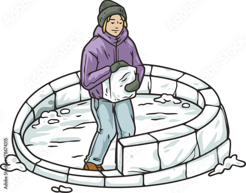 Person building an igloo in winter, engaging in a seasonal activity. Creative construction of an ice shelter, embracing the cold season.