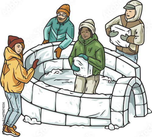 Persons building igloo in winter as team, engaging in seasonal activity. Creative construction of ice shelter with company of people, embracing cold season.