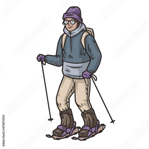 Person in snowshoes on top of a snowy mountain. Snowshoeing in winter mountains. Sporty winter hiking or winter sport for ski resort.