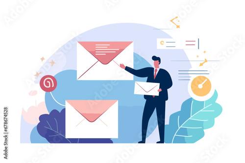 Concept of communication with clients/customers through email, subscription newsletter automation, online advertising and mailing list services. Professional businessman hero delivering a envelope. photo