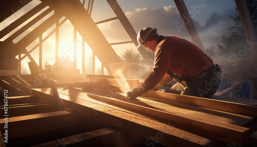 worker roofer working on roof structure at wooden construction site photo
