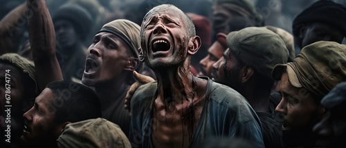 Dramatic crying people celebrate freedom her country. AI generated image