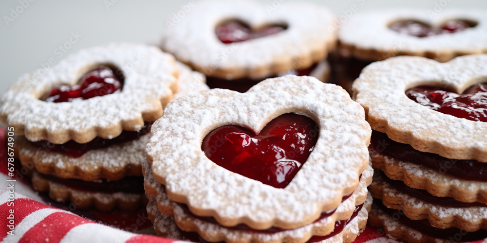 Traditional Christmas Linzer Cookies with Sweet Jam on Delicious Dark Background Traditional Christmas Linzer Cookies with Sweet Jam on Delicious Dark Background
