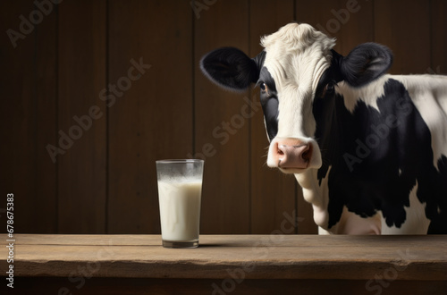 Farm-to-glass purity, A dairy cow and a glass of milk against the rural backdrop.