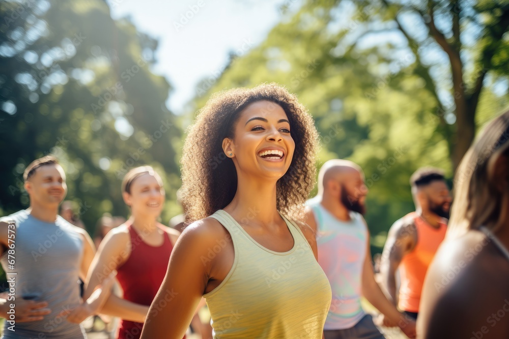 Joyful woman dancing in a fitness class with others Joyful woman dancing in a fitness class with others