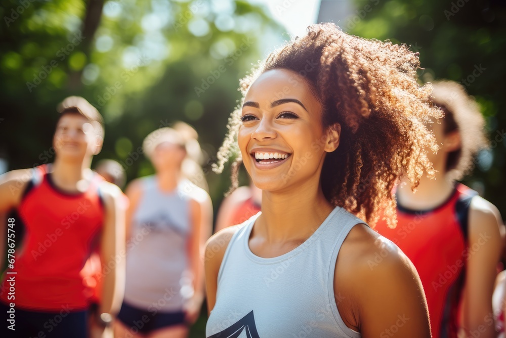 Joyful woman dancing in a fitness class with others Joyful woman dancing in a fitness class with others