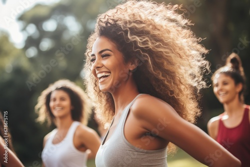 Joyful woman dancing in a fitness class with others photo