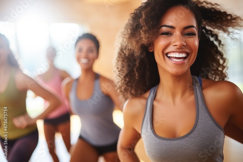 Joyful woman dancing in a fitness class with others