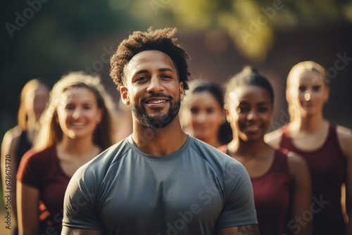Joyful fit man in a fitness class with others