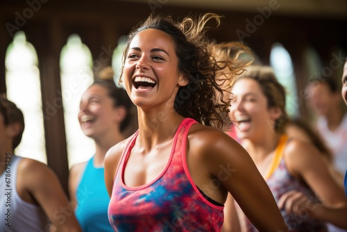 Joyful woman dancing in a fitness class with others © Leli