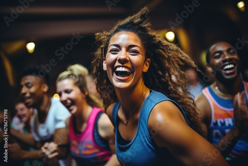 Joyful woman dancing in a fitness class with others