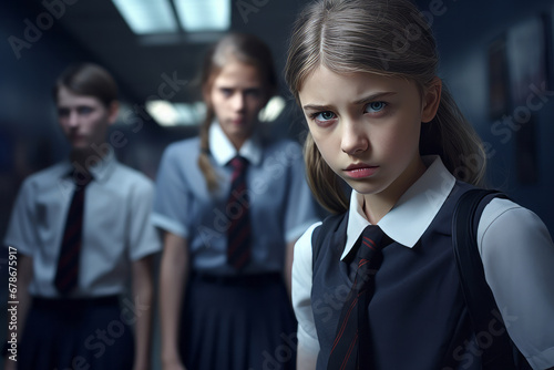 Sad or upset girl at school, social exclusion problem. School bullying concept. The problem of racism.generative ai photo